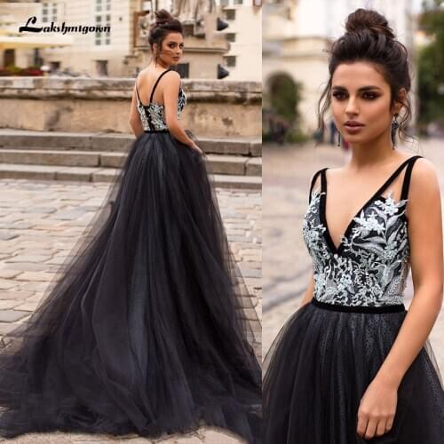 Lakshmigown A Line Black Wedding Dress V Neck Robe Mariage Bride Dress Vintage Lace Top Sleeveless Sexy Turkey Wedding Gown
