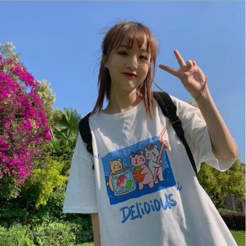 Sweet Lovely Style Woman Tshirt Top Cute Print Short Sleeve Round Neck Summer Tops Cotton Spandex Woman T shirts