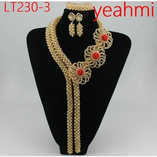 Trendy Crystal Jewelry Sets Long Design Women Beads Necklace African Wedding Bridal Jewelry Sets Free Shipping LT230-2