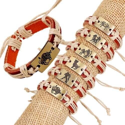 Fashion 12 Constellation Bracelet Set Aries Scorpion Leo Virgo Pisces Alloy Genuine Leather Charm Wristband Bangle Retro Jewelry