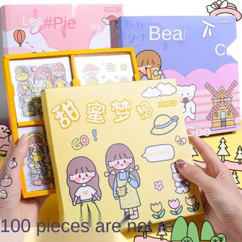 100 hand account sticker set PET waterproof unmarked hand account sticker decoration small pattern cute girl Sticker flakes