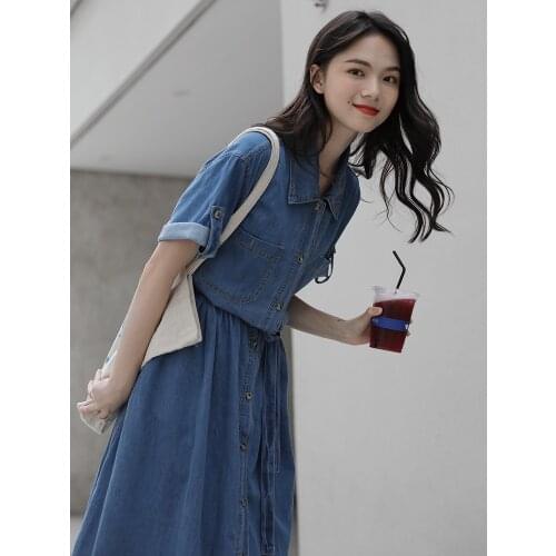 New Arrival Vintage Denim Dress Long Style Cotton Belt Elegant Temperament