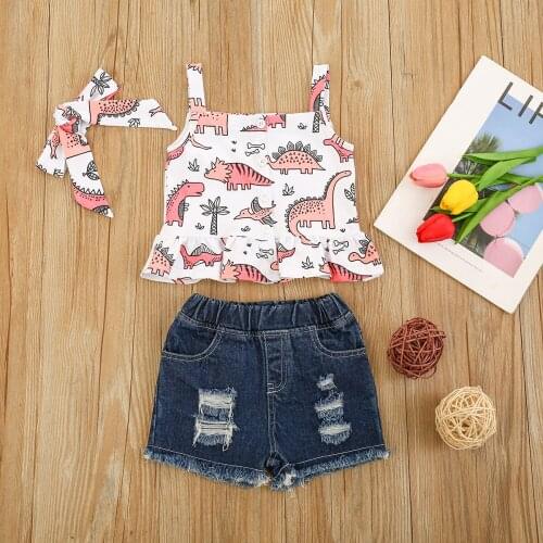 Kids Baby Girls 3-piece Outfit Set Sleeveless Ruffle Cartoon Animal Print Tops Ripped Denim Shorts+Headband Set