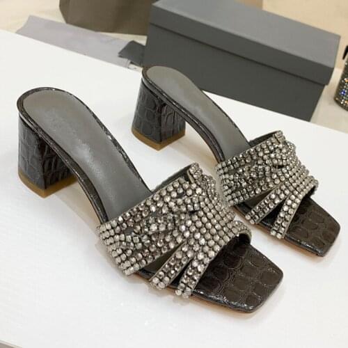 Sexy Handmade Diamond Rhinestone Slippers Women Glitter Designer Runway High Heel Sandals Summer Crystal Chain Party Shoes Woman