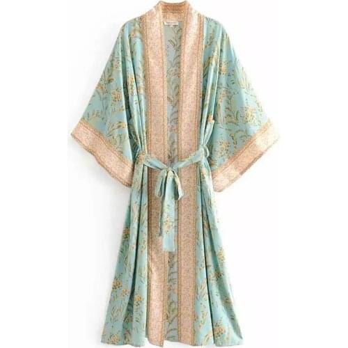 Print Floral Beach Kimono Swimwear with Sashes Cotton Slim Bohemian Holiday Long Cardigan Sexy Green Cover-Up Sale