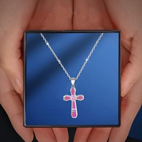 ROLILASON Trendy Cross Design Pink Zircon Pendant Pink Fire Opal Silver Stamped Pendant Fashion Jewelry for Women OP610