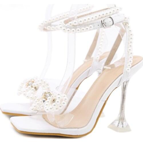 Women Gladiator Sandals Shoes Sexy White String Bead High Heels Sandals Summer Party Dress Shoes Buckles Pumps Clear Sandals
