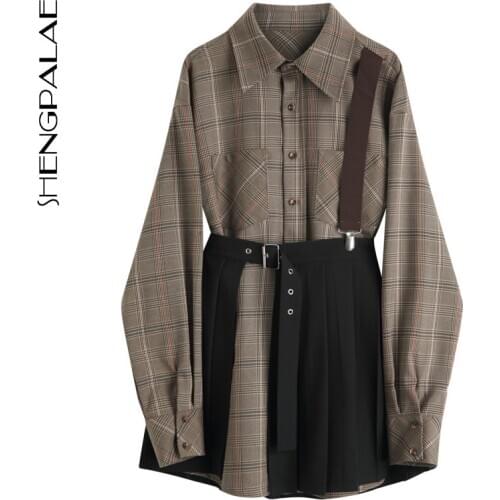 SHENGPALAE 2021 New Fashion Women Plaid Shirt Female Tops Long Sleeve Casual Turn-down Collar Womens Loose Strap Blouse ZA3210