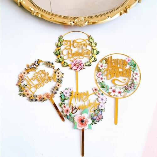 Happy Birthday Cake Topper Acrylic Flower Cake Toppers Party Supplies Happy Birthday Black Cake Decorations C