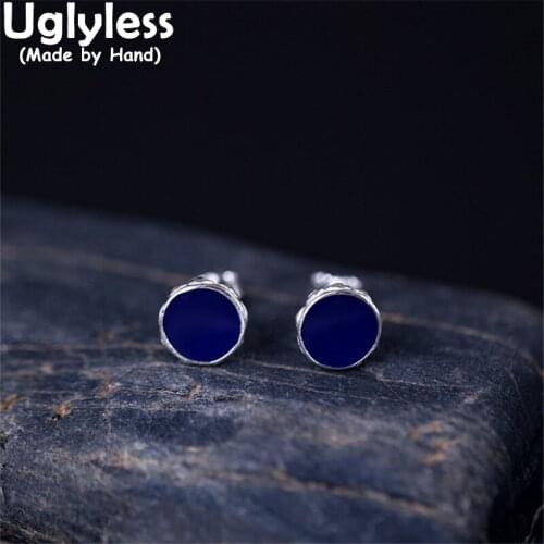 Uglyless MINI Real Silver Lotus Studs Earrings for Women Ethnic Blue Lotus Flowers Earrings 925 Silver Brincos Vintage Jewelry