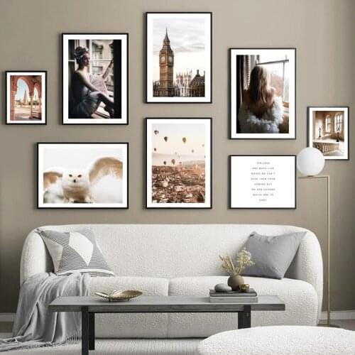 Hot Air Balloon Bell Tower Arch Owl Ballet Girl Nordic Poster Wall Art Print Canvas Painting Decoration Pictures For Living Room