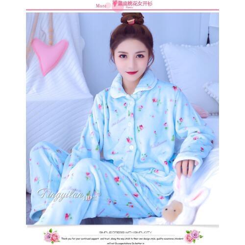 Lady Fleece Sleepwear 2pcs Warm Nightwear Long Sleeve Flannel Lingerie Velvet Casual Nightgown Print Homewear Set D-2106
