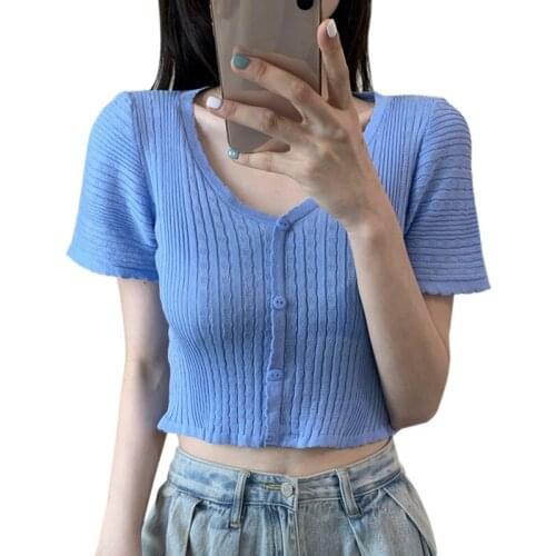 New T-Shirt For Women Casual Knitted Short Sleeve V Neck Sexy Sweet Solid Color Button Cardigan Short Top