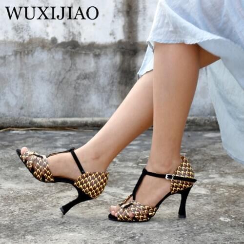 WUXIJIAO New Featured print Dance Shoes For Women Latin Salsa Dance Boots Paty Ballroom Dance Shoes Women Shoes 9CM
