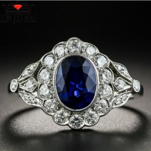 Female Blue Oval Stone Ring Vintage Flower Promise Engagement Rings For Women Fashion Wedding Accessories Silver 925 Ring Mens