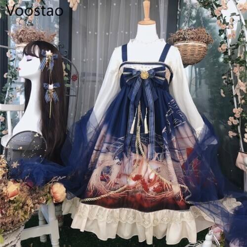 Chinese Style Harajuku Sweet Lolita Jsk Dress Fox And Equinox Flower Print Tulle Lace Princess Dress Women Bow Tea Party Dresses