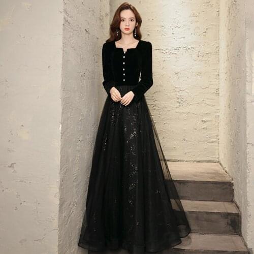 Black Elegant Evening Dress Full Sleeves Button Square Collar Empire Sequins A-Line Floor-Length Woman Formal Party Gowns A1221