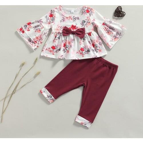 3-24M 2pcs Baby Girls Clothes Set Floral Printed Pattern Flared Sleeve Pullover and Wine Red Pants Spring Autumn Outfit