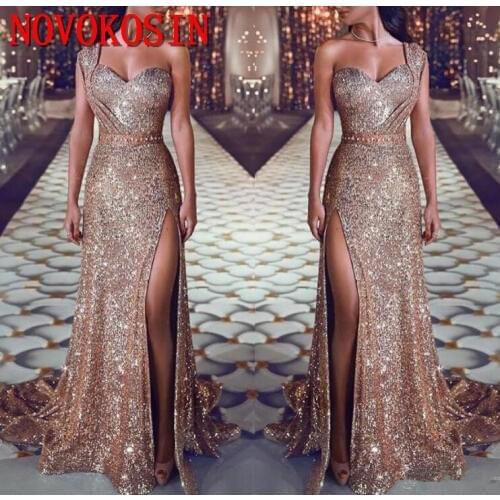 2019 One Shoulder Sequin Mermaid Evening Dresses Ruched Spli Beaded Waistband Party Gowns Sweep Train Plus Size Prom Dresses