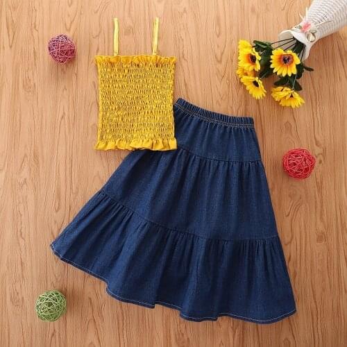 2021 Summer Kids Baby Girl Sleeveless Elastic Strap Camis Tops Denim Long Skirt 2PCS Children Dress Clothes Set
