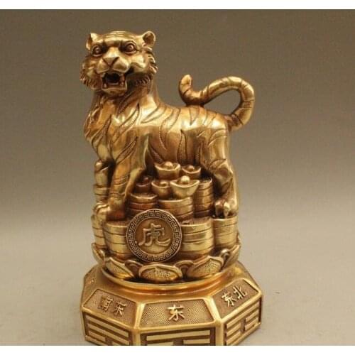 8" Chinese Feng shui Brass Zodiac Year Tiger Coin Money Wealth ferocious Statue fast