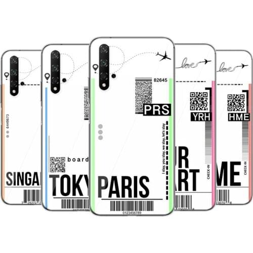 Fly Ticket Paris Tokyo Silicone Cover For Huawei Honor 9X 9N 9 Lite 8S 8C 8X Play 8A 8 V9 3E 7A 7C Pro Phone Case