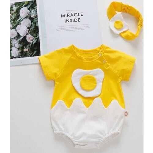 Newborn Baby Clothes Infant Girls Toddler Baby Cotton Cartoon Egg Short-Sleeved Romper + Hair Band Jumpsuits Baby Girl Clothes