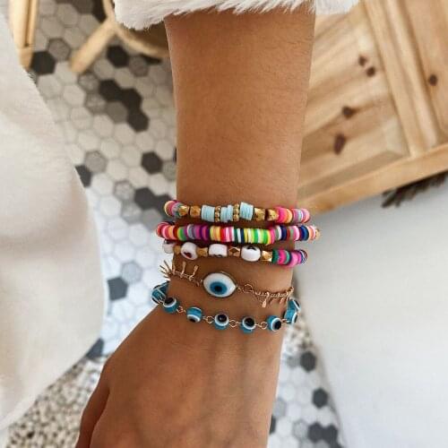 Ethnic Heart Evil Eye Charm Bracelets Couples Fashion Letters Wristband Multicolor Beaded Bracelet Boho Famale Hand Jewelry