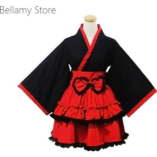Gothic Lolita Black and Red Long Sleeves Kimono Dress