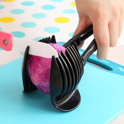 Perfect Fruit Slicer Cut Fruit Vegetable Cutter Tools Holder Plastic Tomato Holder Slicer Guide Potato/Onion Good Quality KC1057