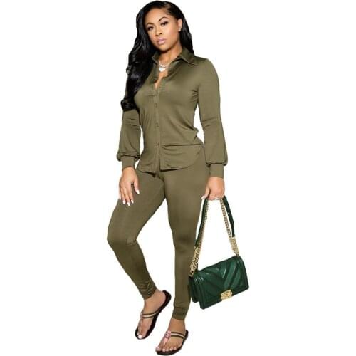 Autumn Winter New Womens Solid Color Two Piece Suit Button Long Sleeve Top and Slim Pants Office Lady Female Tracksuit Clothes
