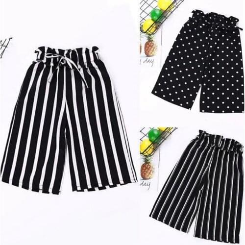 Summer Girls Knee Length Pants Kdis Striped Dot Wide Leg Pants For Girls Cotton Bow Shorts Toddler Baby Girl Clothes 5 6 7 8 9