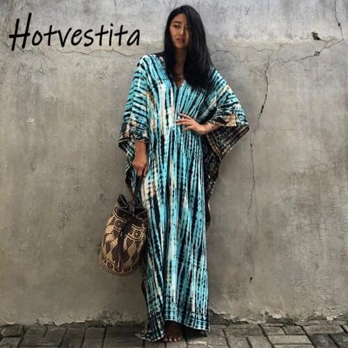 Hotvestita Kaftan Beach Veil Maxi Dress Striped Print 9 Colors Summer Cotton Tunic Women Split Sarong Beach Wrap Loose Cover Ups