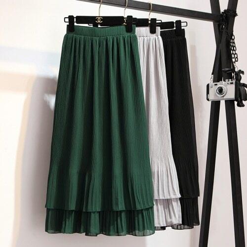 TingYiLi Korean Cute Ruffle Skirt Black Green Gray Elastic High Waist Double Layer Chiffon Skirt Long Maxi Skirt Spring Summer