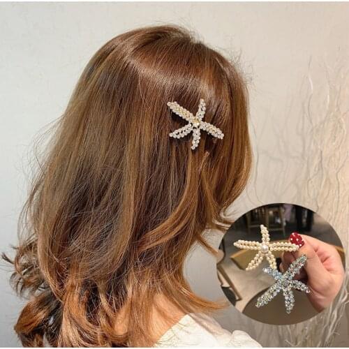 Fashion Full Crystal Pearl Starfish Hairpin Bling Color Rhinestones Hairclip For Women Girl Party Star Hair Barrette Accessories