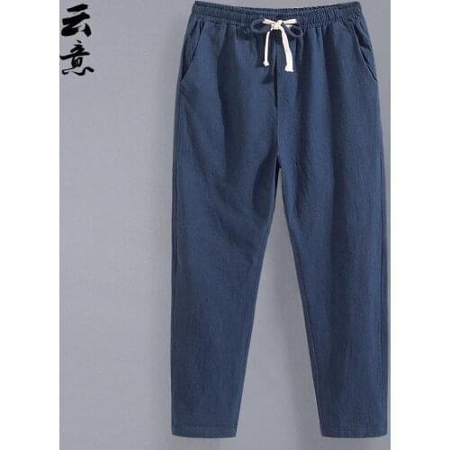 Mens summer linen cropped pants mens loose straight casual pants thin cropped cotton linen pants trend youth pants