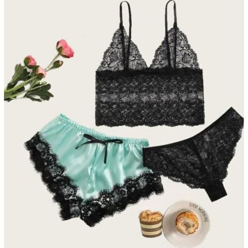 New Women Sexy Lace See Through Pajamas Set Spaghetti Straps Camisole Briefs Shorts Home Clothe Nightwear pyjama pour femme 2021