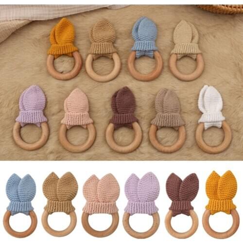 OOTDTY BPA Free Wooden Baby Teether Crochet Bunny Ear Wood Rattle Toy Neborn Baby Stroller Gym Teething Toy Educational Toys