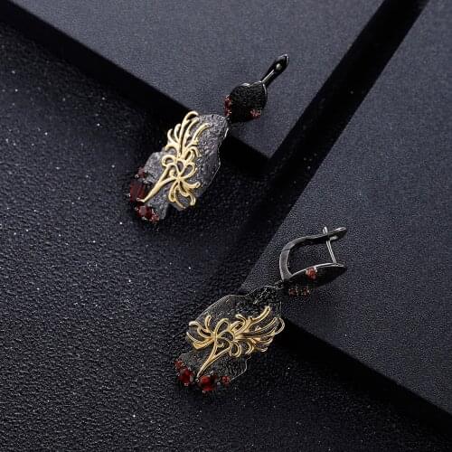 GEMS BALLET 925 Sterling Silver Handmade Equinox Flower Drop Earrings Natural Red Garnet Statement Earrings for Women Jewelry