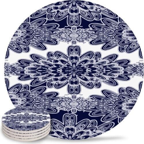 Blue Floral Damask Coasters Waterproof Placemats for Table Christmas Home Decor Coffee Table Decor Ceramic Coasters