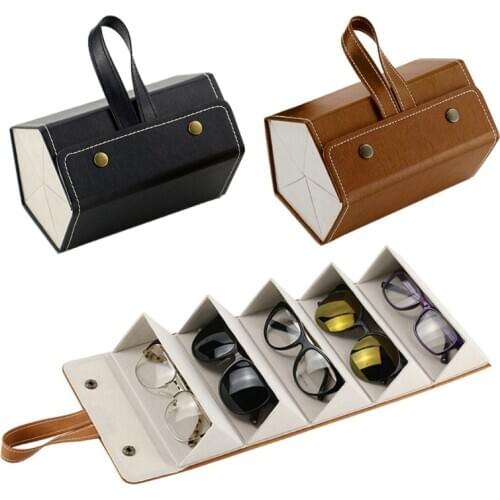 5 Slots Foldable Multiple PU Leather Sunglasses Eyeglasses Travel Organizer Case