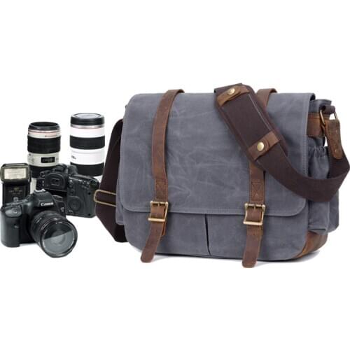 Waterproof Batik Canvas+Leather Camera Bag with Photo Pouch Vintage DSLR Case Casual Shoulder Messenger Photography Bag