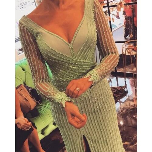 Green Evening Dress Evening Dress Wedding Mother Evening Quality Fabric Long Sleeve V Neck Shoulder Strap Leg Slits Luxury and E