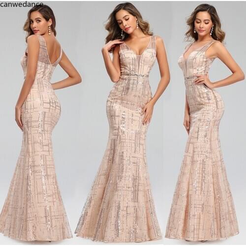 2020 Sexy Mermaid Evening Dresses Sequined Deep V-neck Sleeveless Striped Sparkle Formal Dresses Abendkleider