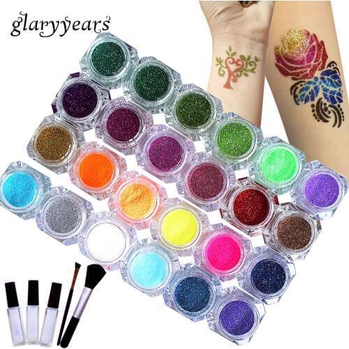 1 Set Shimmer Glitter 24 Colors Powder Tattoo Kit Temporary Diamond Paint for Beauty Body Art Makeup Henna Stencil + Brush+ Glue