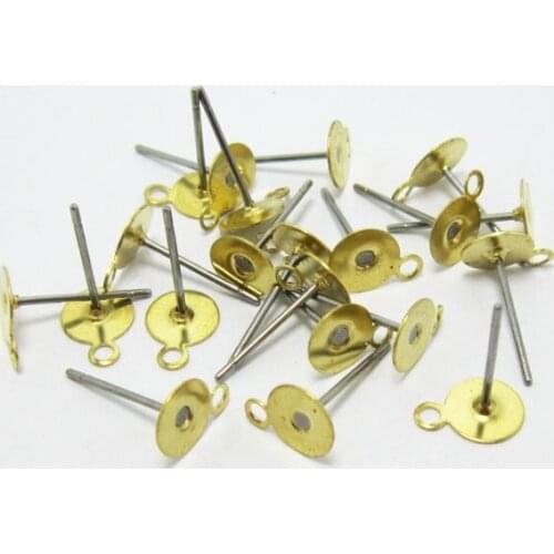 100pcs Brass Earring post stud 6x8.5x12mm steel needle Raw brass pad with loop R223
