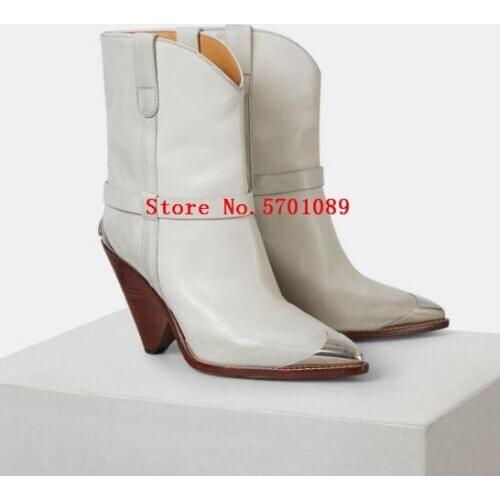 White Leather Lamsy Ankle Boots Western Metal Insert Toe Heel Pointed Toe 9cm Conical Heel Shoes