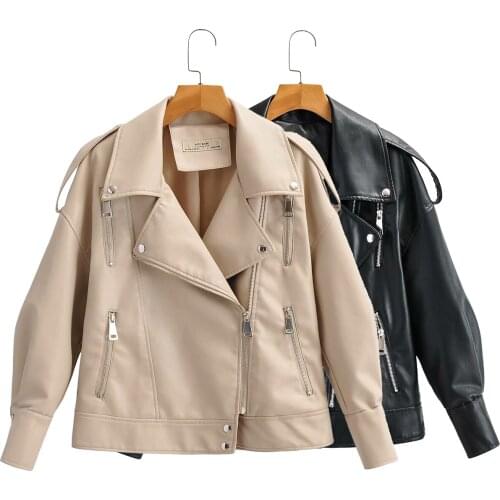 Autumn Women Pu Faux Soft Leather Jacket Casual Female Turn Down Collar Moto Biker Zipper Loose Black Coat With Belt Black Beige