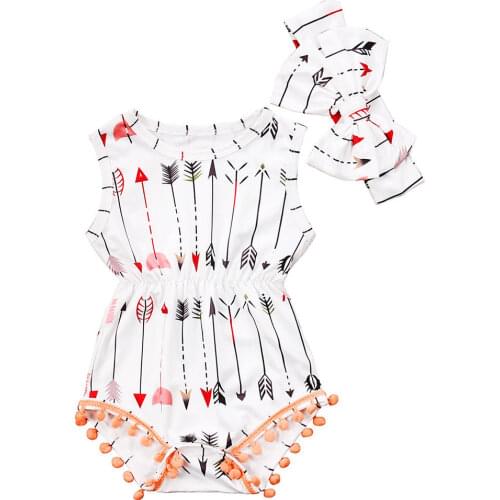 Newborn Baby Girls Pom Pom Rompers Summer Arrow Print Baby Jumpsuit Playsuit Infant Baby Girls Clothes Costumes