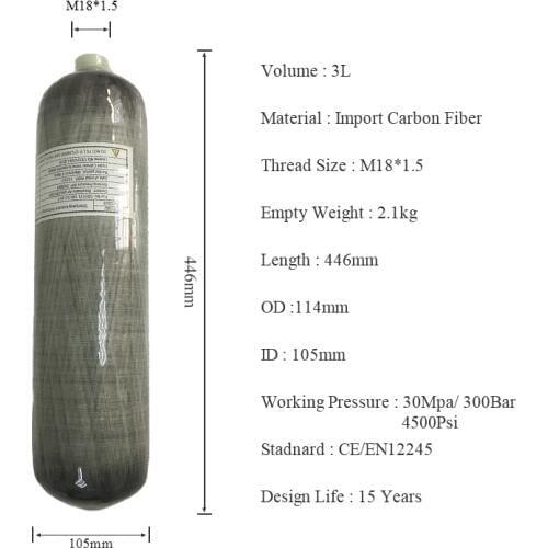AC103 3L 300Bar 4500PSI Air Gun Carbon Fiber Cylinder Pcp Air Rifle Mini Cylinder For Diving Quick Release Coupling Dive Tank